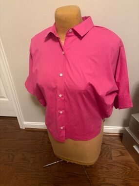Natori Short Sleeve Button-Down Shirt in Hot Pink